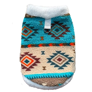 Blue and beige Fair Isle fleece pet vest with geometric patterns and D-ring leash attachment