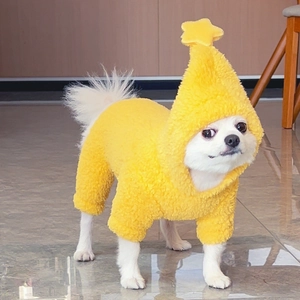 Dettaglio del cappuccio giallo con stella e del morbido tessuto in pile della tuta per cani