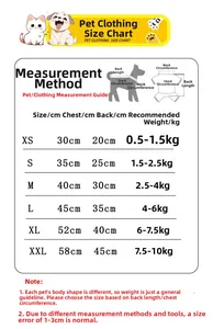 Size chart for dot pattern dog pajamas showing chest and back length from XS to XXL