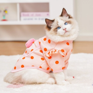 Pink polka dot pet hoodie with ruffles and pompom for small dogs and cats
