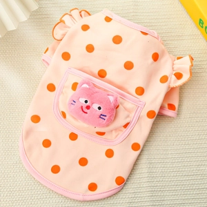 Close-up of orange polka dot pet vest with plush cat pocket and ruffled sleeves