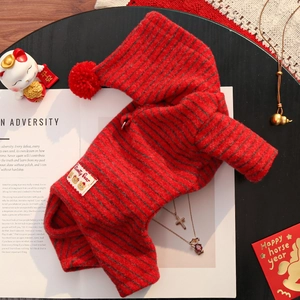 Festive Striped Pet Jumpsuit Faux Rabbit Fur Warm Dog Four Legged Clothes Hooded With Pom Pom For Small Dogs Cats