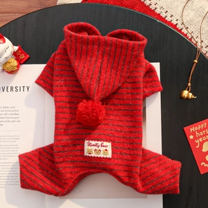 Red striped pet hoodie with bear embroidery and fur ball detail for dogs and cats