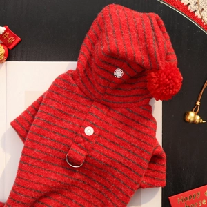 Close-up of red and black striped pet hoodie with D-ring and warm fleece texture