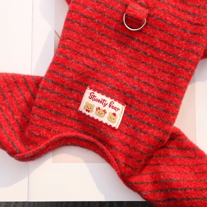 Detailed shot of red striped pet knitwear featuring metal D-ring and bear embroidery