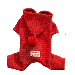 Red and black striped pet hoodie with bear tag and pom-pom hood for small dogs