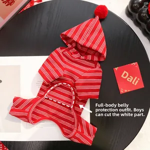 Detail of red striped pet jumpsuit with belly protection and cuttable opening