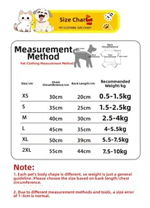 Detailed pet clothing size chart for striped hoodies including chest and back length