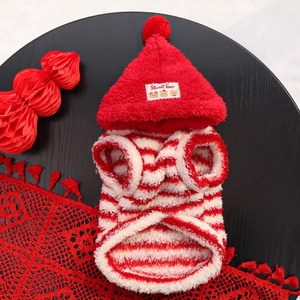 Detail of red striped pet hoodie with soft plush texture and sweet bear embroidery