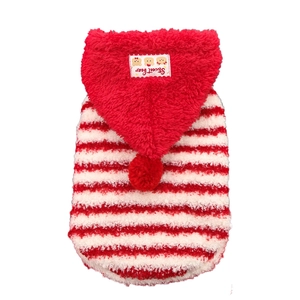 Red and white striped pet hoodie with plush pompom and cartoon bear patch detail