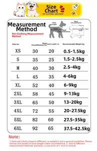 Size chart for pet milk velvet clothes showing chest and back length from XS to 6XL sizes