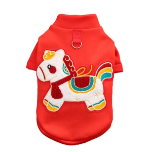 Red festive milk velvet pet clothes with horse embroidery and D-ring for dogs and cats
