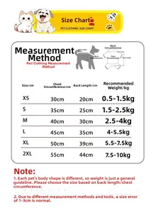 Detailed size chart for pet clothes showing measurements for chest, back and neck length