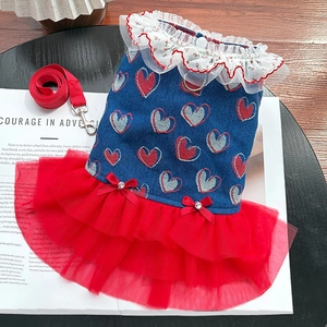 Denim Pet Dress And Leash Heart Pattern Mesh Tutu Princess Apparel For Dogs Cats Outdoor Walking Party Wedding Summer