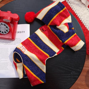 British style striped faux rabbit fur pet jumpsuit with hood and metal D-ring for dogs