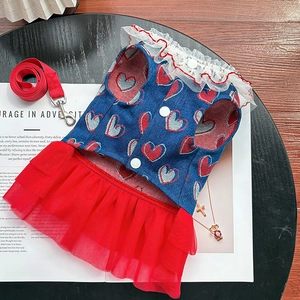 Dog denim puffy dress with red heart pattern and matching leash for small pets