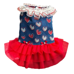 Denim dog princess dress with red heart pattern and layered tutu skirt for pets