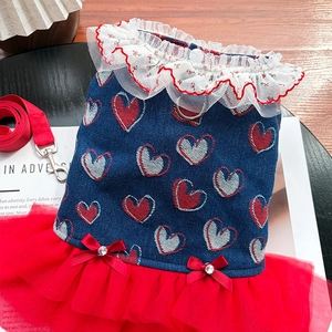Detail of denim pet dress with red tulle skirt, lace collar, and metal D-ring for leash