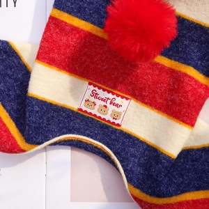 Detail of red and navy striped knit pet hat with fluffy pompom and Sweet bear patch