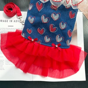 Detail of denim pet dress with red lace skirt and matching nylon leash set