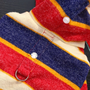 Detail of colorful striped knit pet sweater with snap buttons and metal D-ring for leash
