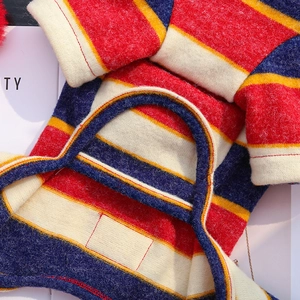 Detail of colorful striped pet knit sweater showing soft texture and red stitched edges