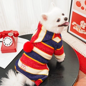 Detail of colorful striped pet hoodie with red pom-pom and Sweet Bear patch on a dog