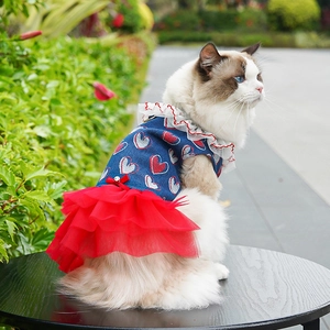 Denim pet tutu dress with red heart pattern and lace collar for small dogs and cats