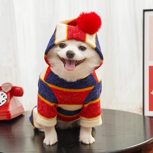 Striped pet hoodie with red pom-pom shown on a white Pomeranian in a cozy home setting