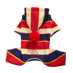 British style striped pet jumpsuit with a red pom-pom hood for cats and dogs