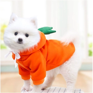 Détail d'un sweat à capuche carotte pour animaux en polaire orange douce avec feuilles vertes