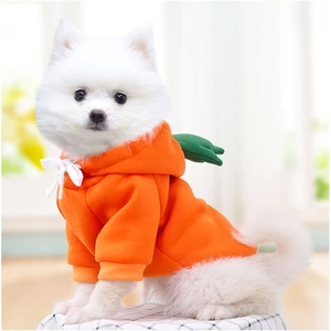 Détail du sweat à capuche pour chien motif carotte, polaire orange vif et feuilles vertes