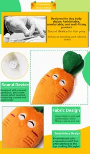 Detail view of the plush carrot toy showing the squeaker and premium embroidery textures