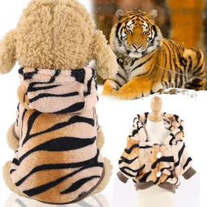 Detailed tiger-patterned flannel pet hoodie with thick plush fabric and ribbed cuffs
