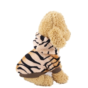 Detail view of soft tiger-patterned flannel pet hoodie with ribbed cuffs and hem