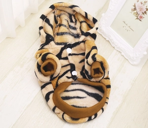 Close-up of flannel tiger pattern pet hoodie with button closure and ribbed edges