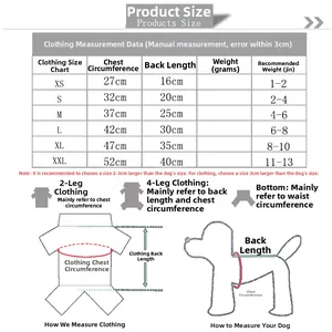 Size chart for pet hoodies with chest and back measurements for XS to XXL dogs and cats