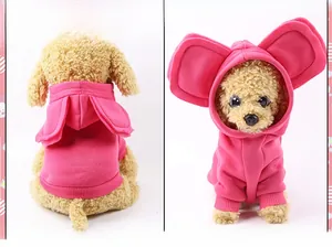 Detail of rose red pet hoodie with large round ears and warm fleece fabric