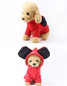 Detail of red pet hoodie featuring fleece fabric and large black cartoon mouse ears