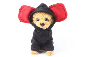 Detail of pet hoodie with red oversized ears in black and red contrast fleece