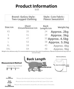 Detailed size chart for pet reindeer fleece hoodies showing XS to XXL measurements