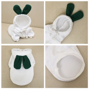 Detail view of white pet hoodie with green rabbit ears and adjustable drawstring hood