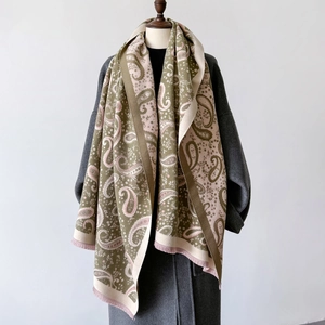 Olive green and pink paisley cashmere-style shawl with fringes for office warmth