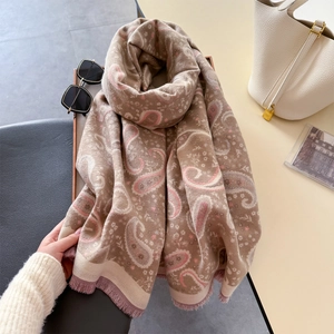 Classic paisley pattern pashmina shawl in brown and pink with elegant fringe edges