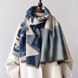 Elegant landscape print oversized scarf with fringe, stylish navy and beige cashmere feel wrap