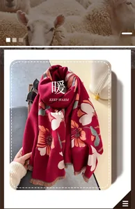 Detail of red floral scarf with rich texture and colorful tassels for winter warmth