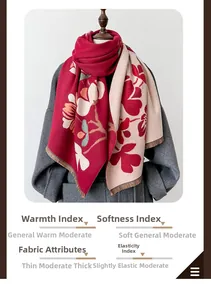 Close-up of red and beige floral knit scarf texture and premium double-sided fabric
