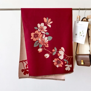 Elegant floral reversible shawl scarf with plum blossoms and fringe detail for women