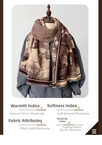 Close-up of elegant lotus patterned scarf with fringe details and warm jacquard texture