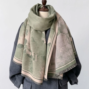 Sage green and pale pink lotus leaf patterned pashmina shawl with tassel trim